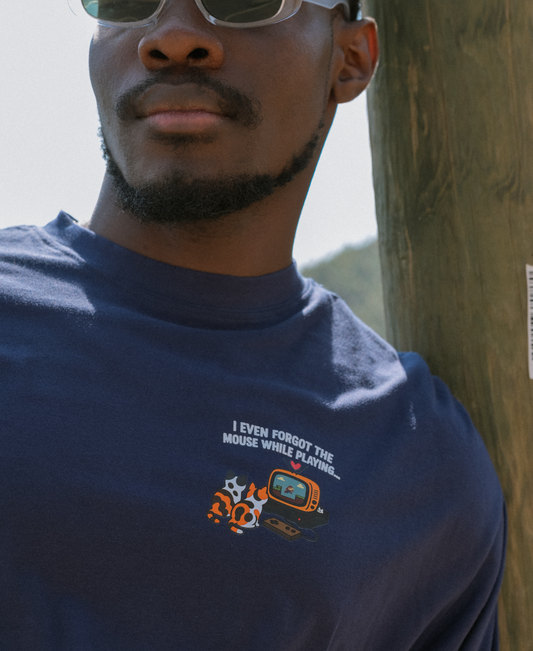 Bisiklet Yaka Baskılı Kısa Kollu Lacivert Unisex Tişört