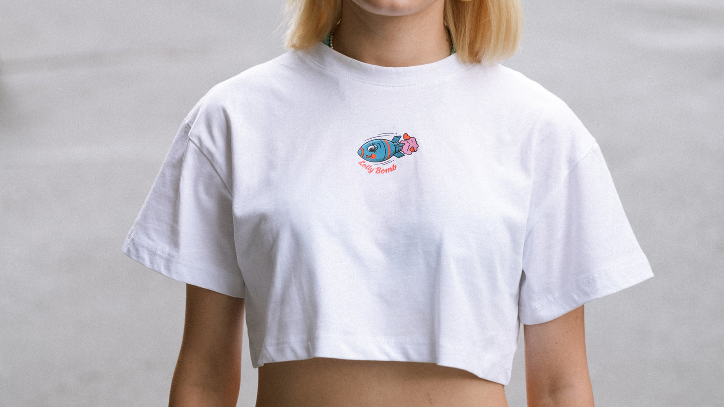 Bisiklet Yaka Baskılı Kadın Crop Tişört