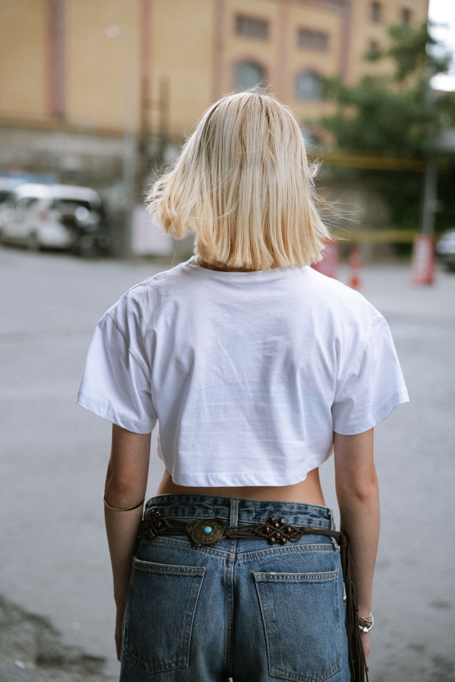 Bisiklet Yaka Baskılı Kadın Crop Tişört
